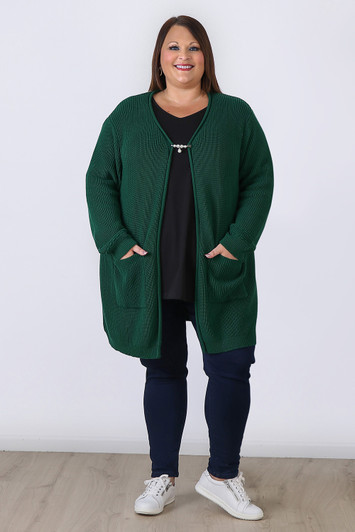 Plus Size Green 100% Cotton Knit Cardigan with Pockets