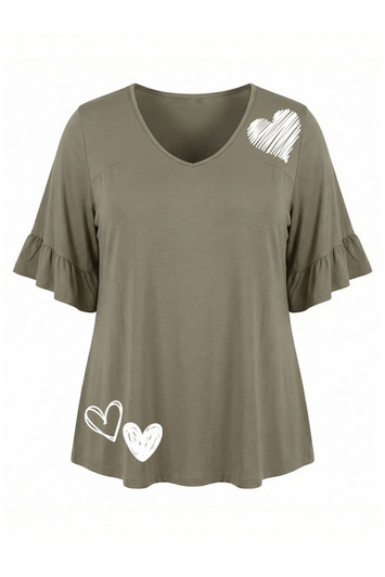 Plus Size Heart Option Frill Sleeve Bamboo Khaki Top