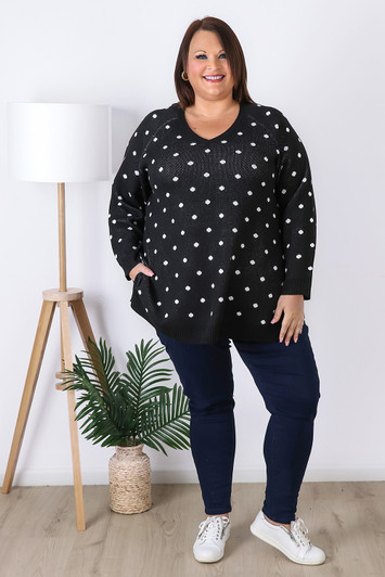 Plus Size Black Polka Dot Cotton Knit Jumper