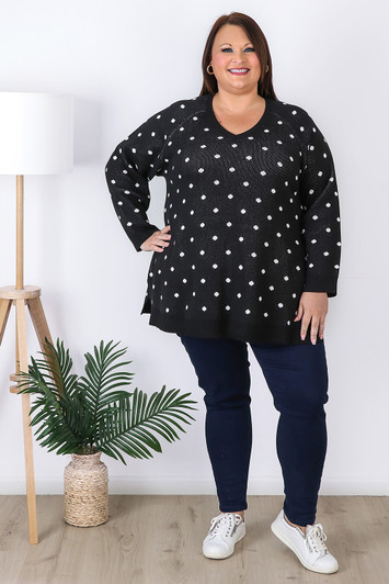 Plus Size Black Polka Dot Cotton Knit Jumper