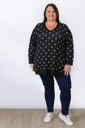 Plus Size Black Polka Dot Cotton Knit Jumper Sizes 18 to 32