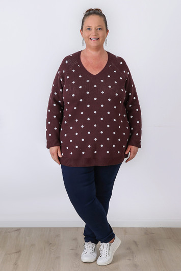 Plus Size Chocolate Plum Polka Dot Cotton Knit Jumper Sizes 18 to 32