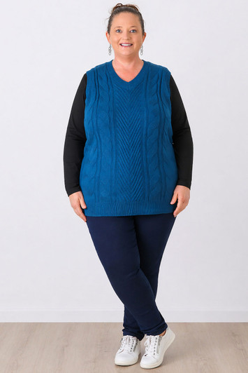 Plus Size Teal Cable Knit V Neck Vest