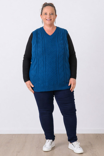 Plus Size Teal Cable Knit V Neck Vest