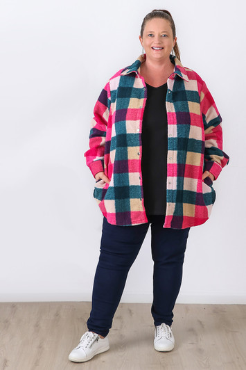 Plus Size Pink Plaid Brushed Fleecy Winter Jacket - Curvaceous