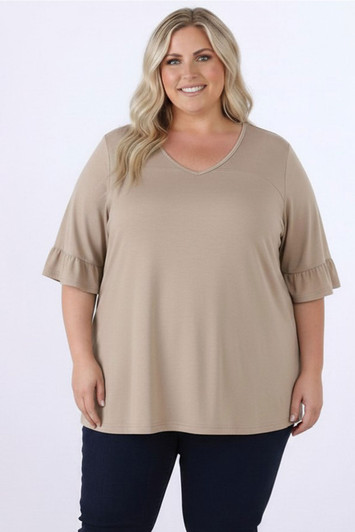 Plus Size Optional Hearts Taupe Bamboo Tee With Frill Sleeves