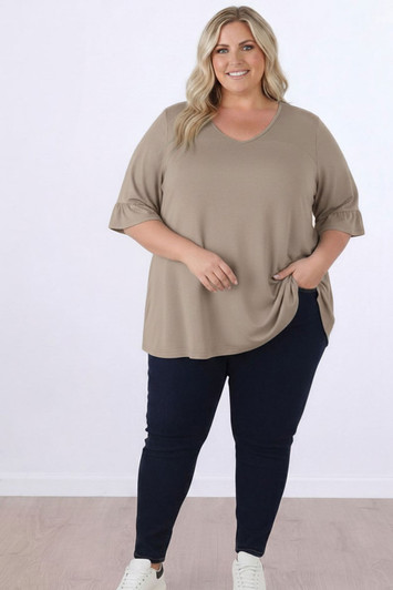 Plus Size Optional Hearts Taupe Bamboo Tee With Frill Sleeves