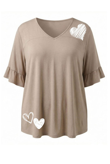 Plus Size Optional Hearts Taupe Bamboo Tee With Frill Sleeves