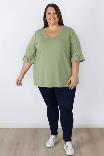Plus Size Sage Bamboo Tee With Frill Sleeves