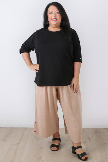plus size Black Elbow Sleeve Stretch Cotton Top