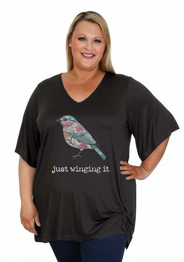 Plus Size Fun Bird Black Twist Side Tee