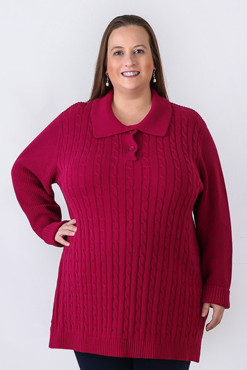 Plus Size Berry Cable Knit Button Neck Jumper