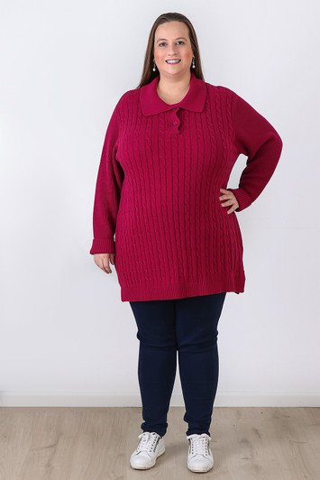 Plus Size Berry Cable Knit Button Neck Jumper - Curvaceous