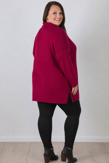 Plus Size Berry Cable Knit Button Neck Jumper
