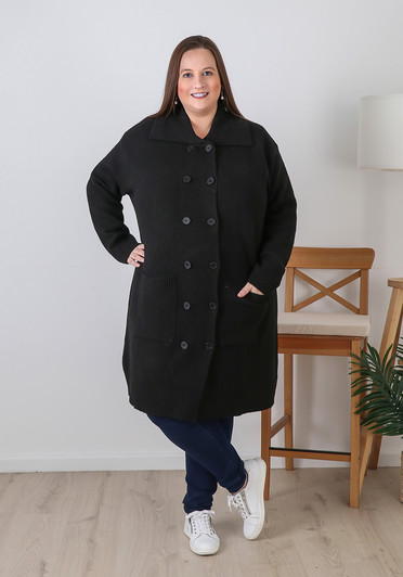 Plus Size Black Double Breasted Knit Cardigan 
