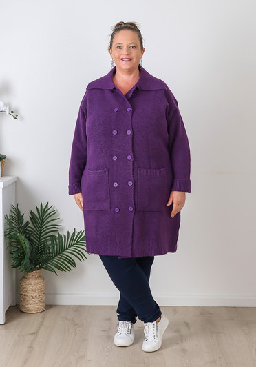 Plus Size Purple Double Breasted Knit Cardigan 