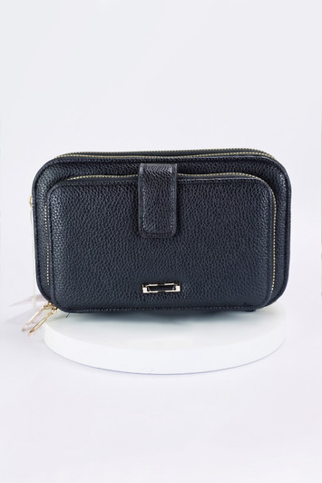 Black Geometric Strap Triple Pocket Cross Body Bag 