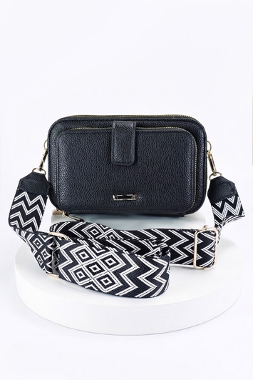 Black Geometric Strap Triple Pocket Cross Body Bag 