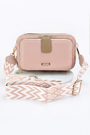 Pink Geometric Strap Triple Pocket Cross Body Bag