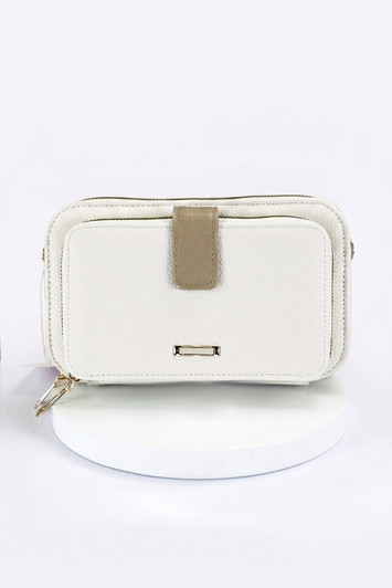 Beige Geometric Strap Triple Pocket Cross Body Bag