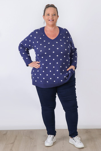 Plus Size Blue Polka Dot Cotton Knit Jumper Sizes 18 to 32