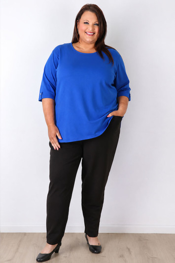 plus size Blue Elbow Sleeve Stretch Cotton Top
