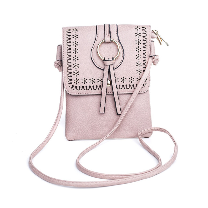 Pink Laser Cut Gold Ring Bag With Tassel
