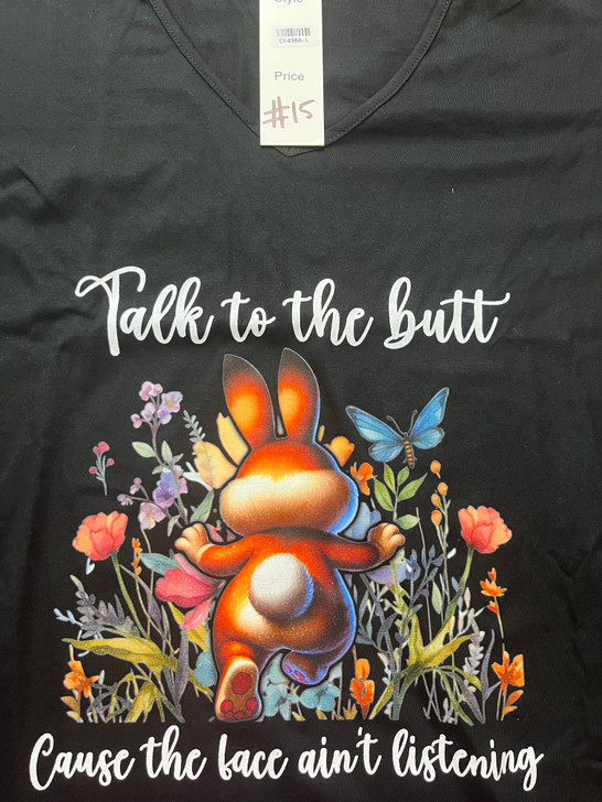 *** Size 22 Talk To The Butt Black Cotton V Neck Printed Top