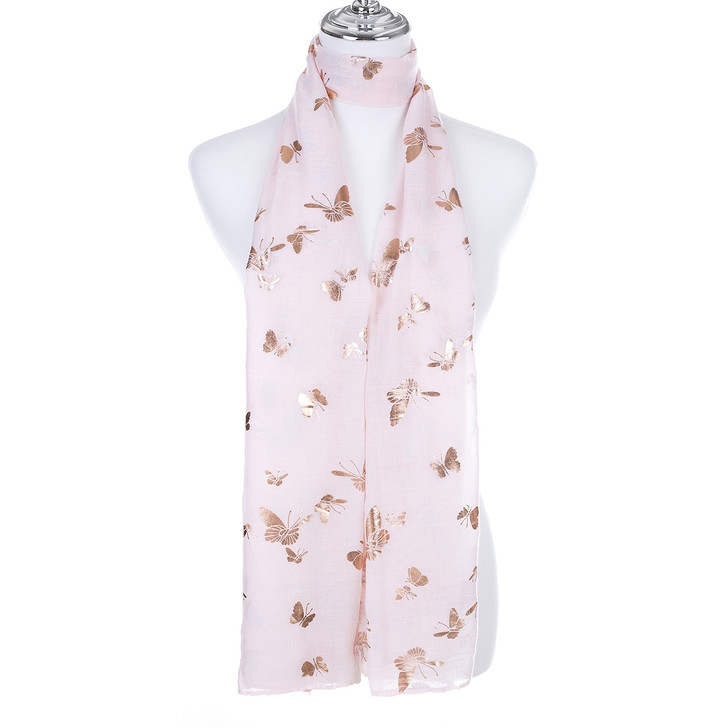Pink Floating Butterflies Print Cotton Viscose Scarf