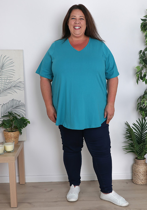 Plus Size Light Teal Cotton V Neck Tee