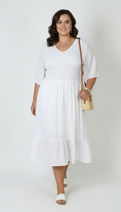 Plus Size White Shirred Bust Flounce Hem Dress