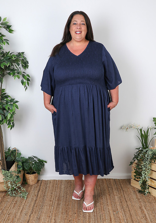 Plus Size Textured Blue Navy Shirred Bust Flounce Hem Dress