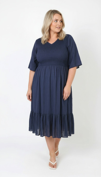 Navy Shirred Bust Flounce Hem Dress