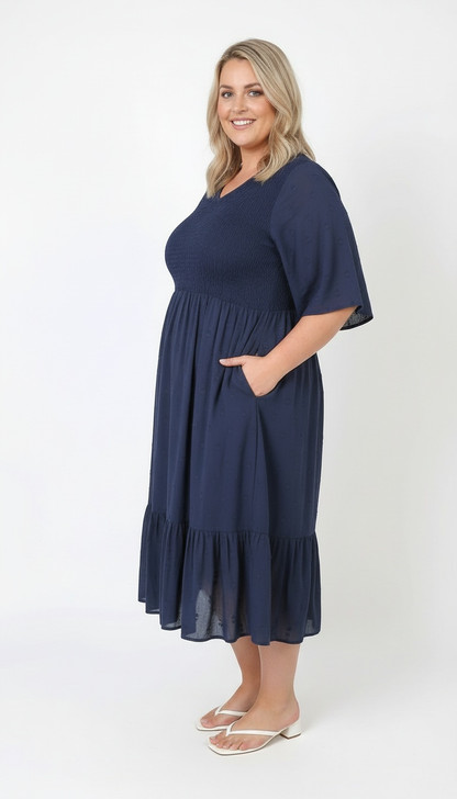 Navy Shirred Bust Flounce Hem Dress