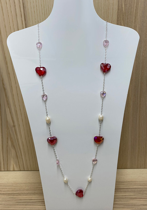 Red Glass Hearts And Pearls Silver Necklace