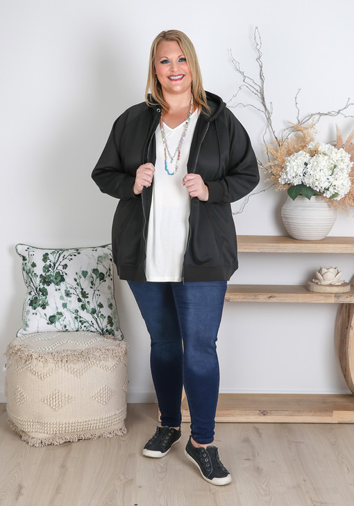 Plus Size Essential Plain Black Zipper Hoodie