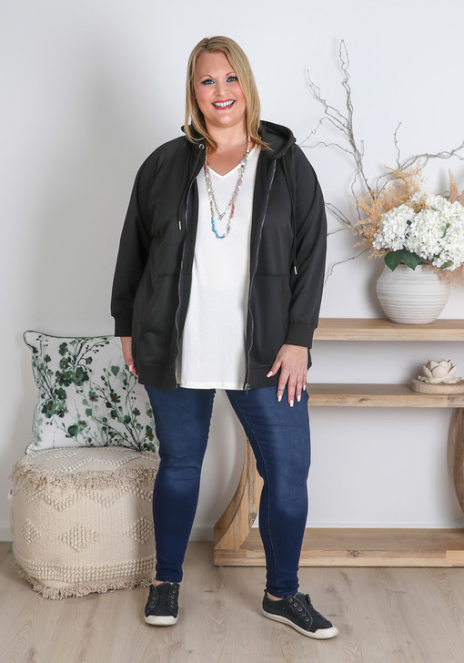 Plus Size Essential Plain Black Zipper Hoodie