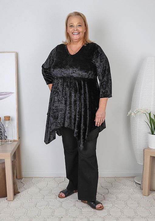 Plus Size Crushed Velvet Black Hanky Hem Tunic