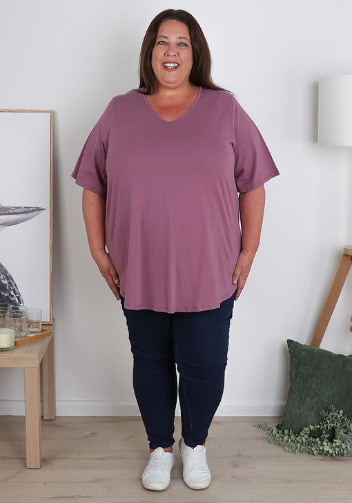 Plus Size Deep Mauve Cotton Stretch V Neck Tee