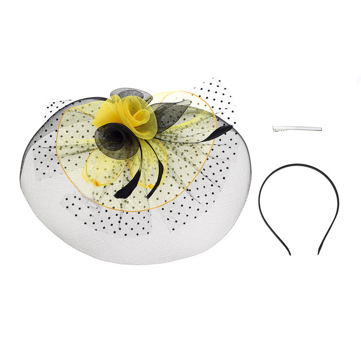 Black And Yellow Floral  And Feather Fascinator