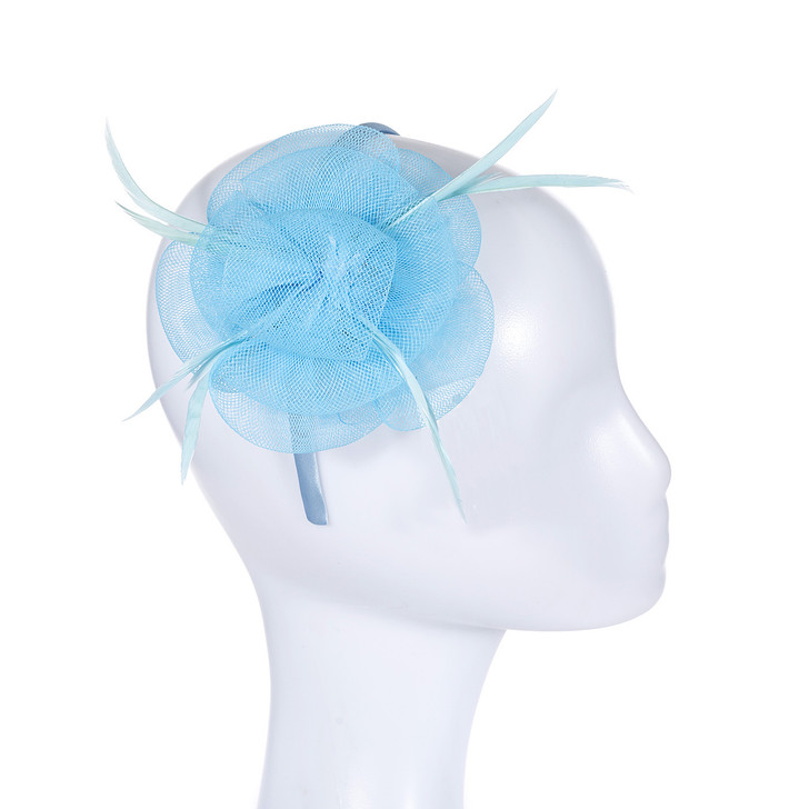 Blue Rosette and Feather Fascinator