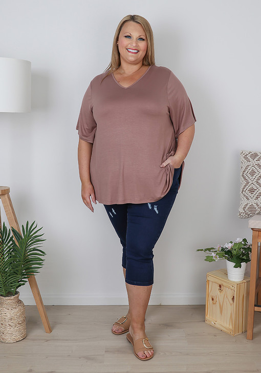 Plus Size Taupe Curved Hem V Neck Comfort Top