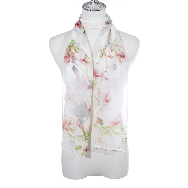 Cream Flowers And Butterflies Chiffon Scarf 