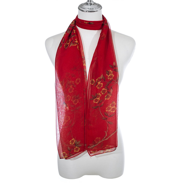 Golden Flowers Red Chiffon Scarf