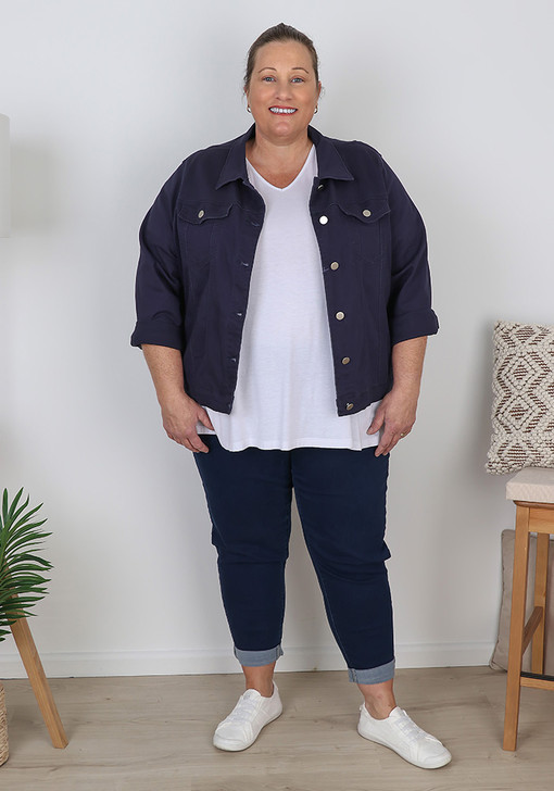 Plus Size Navy Denim Jacket With Pockets