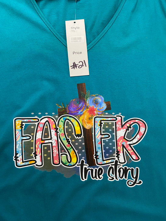 ***2NDS Easter True Story Turquoise V Neck Printed Top Size 20
