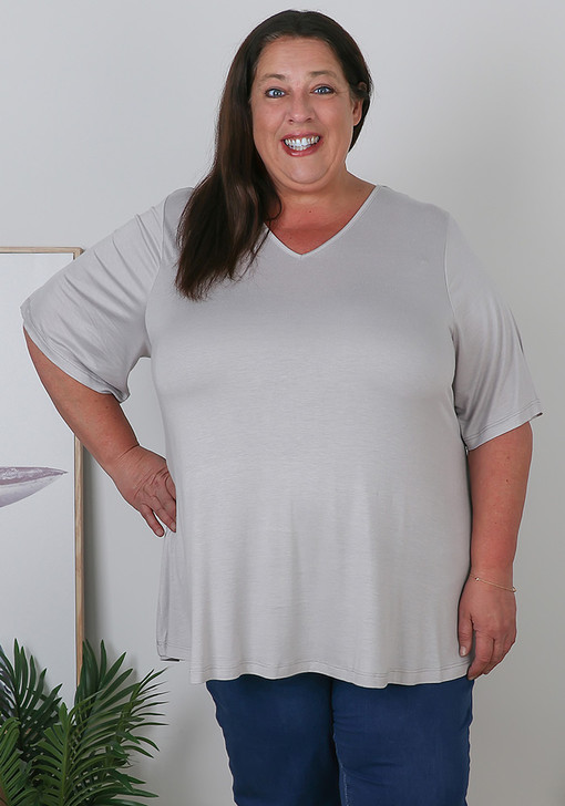 Grey Curved Hem V Neck Top