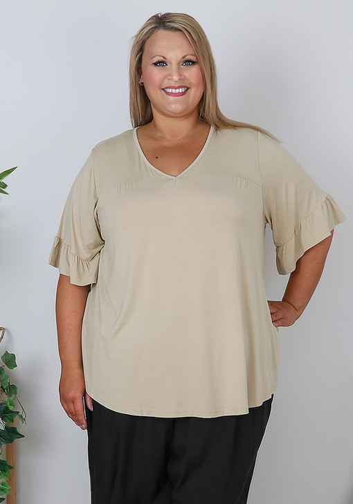 Plus Size Latte Bamboo Top with Frill Sleeves