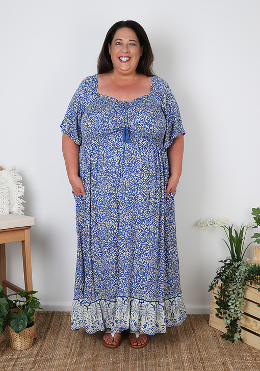 Plus Size Blue and White Shirred Bust Maxi Dress