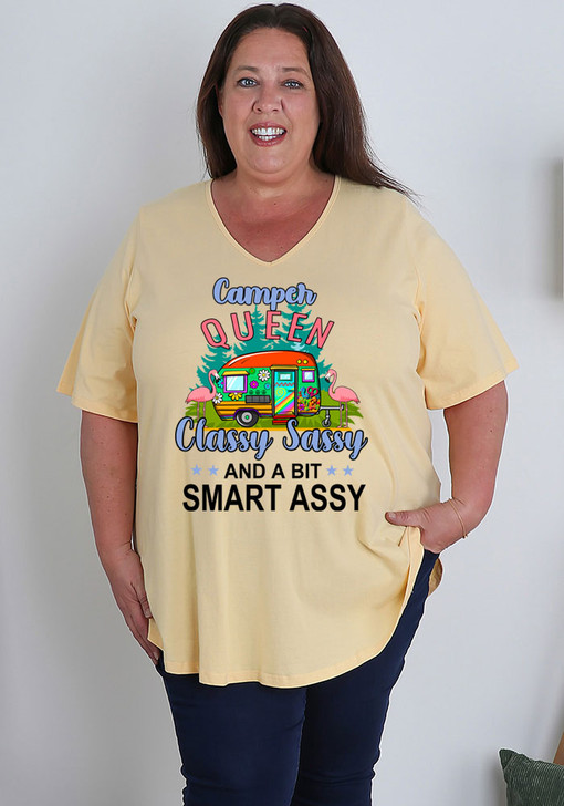 Plus Size Camping Queen Yellow V Neck Tee